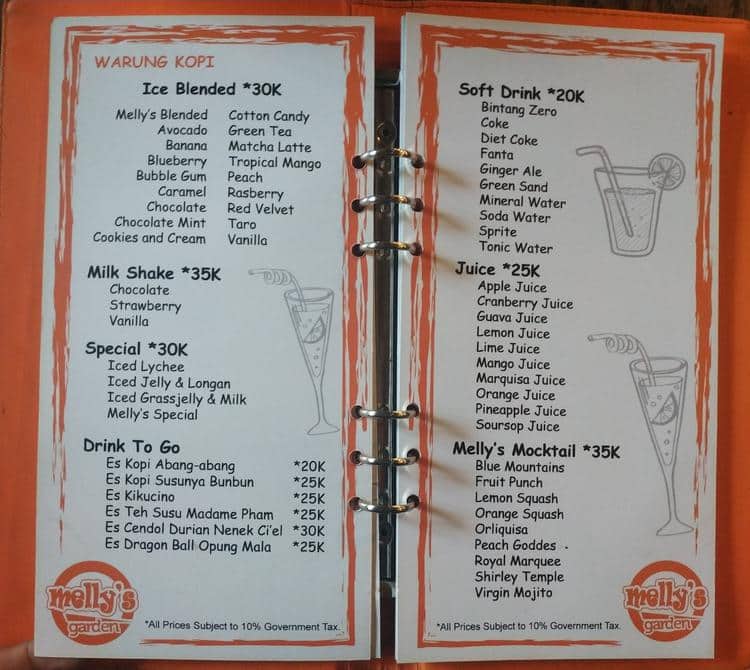 Menu at Melly's Garden pub & bar, Jakarta