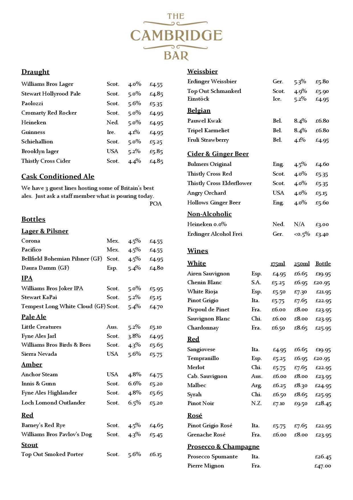 Menu at The Cambridge Bar, Edinburgh