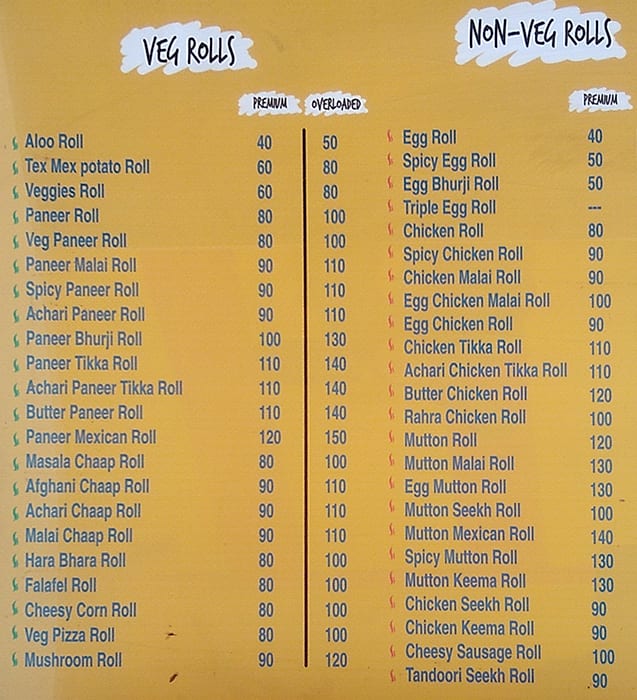Menu of Roll Xpress, Phase 5, Mohali