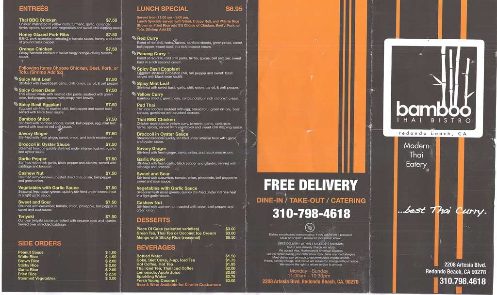 Menu at Bamboo Thai Bistro restaurant, Redondo Beach, Artesia Blvd