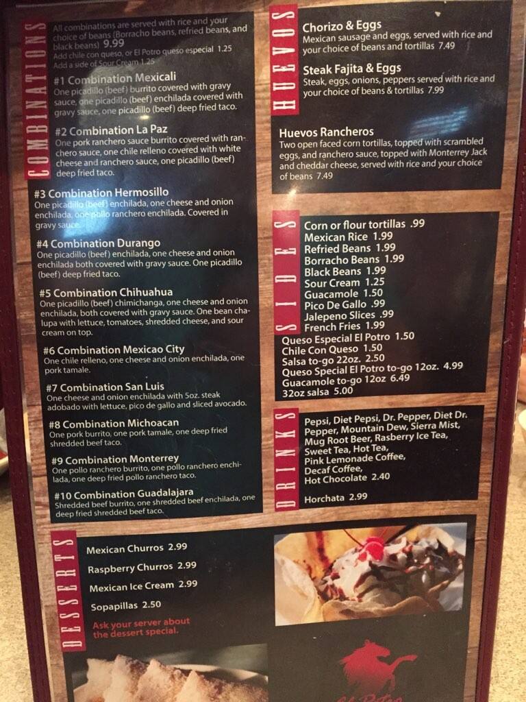 Menu at El Potro restaurant, Bonner Springs