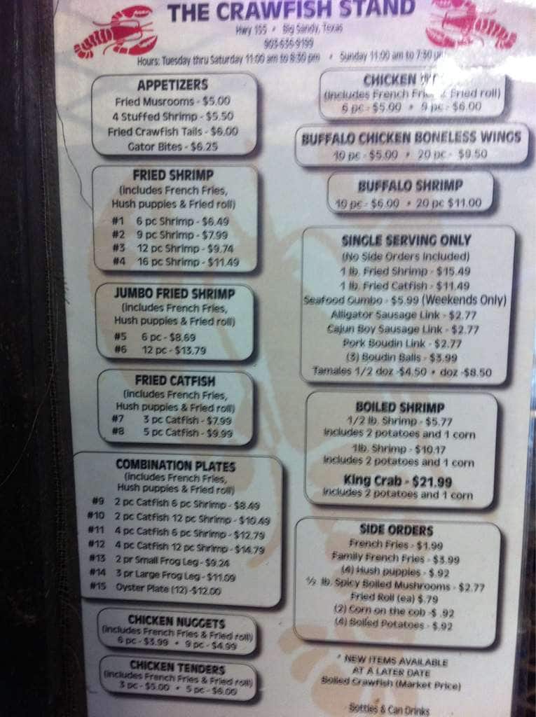 Crawfish Stand Menu, Menu for Crawfish Stand, Big Sandy, Tyler