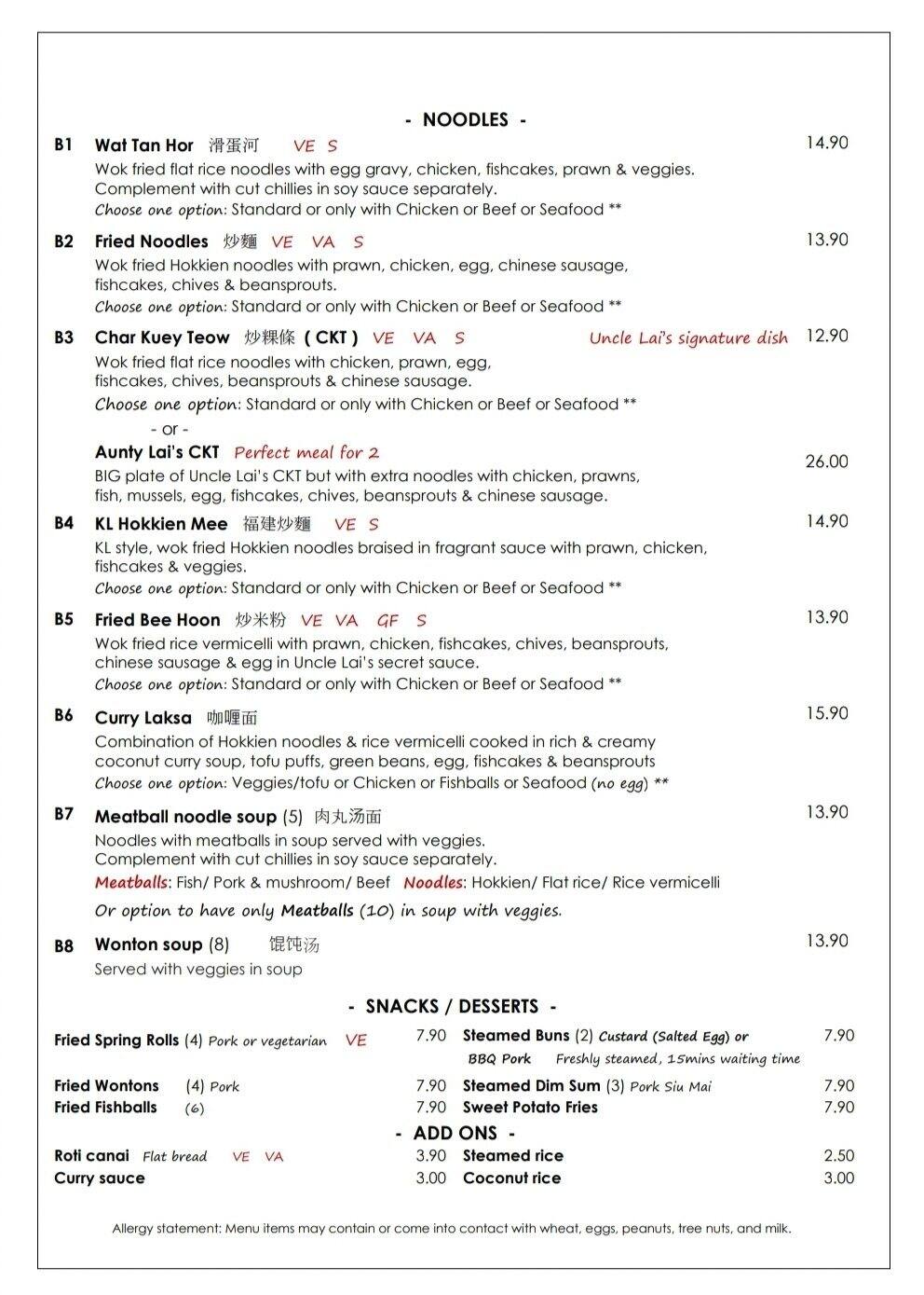 Uncle Li Menu Menu at Uncle Lai's restaurant, Carindale