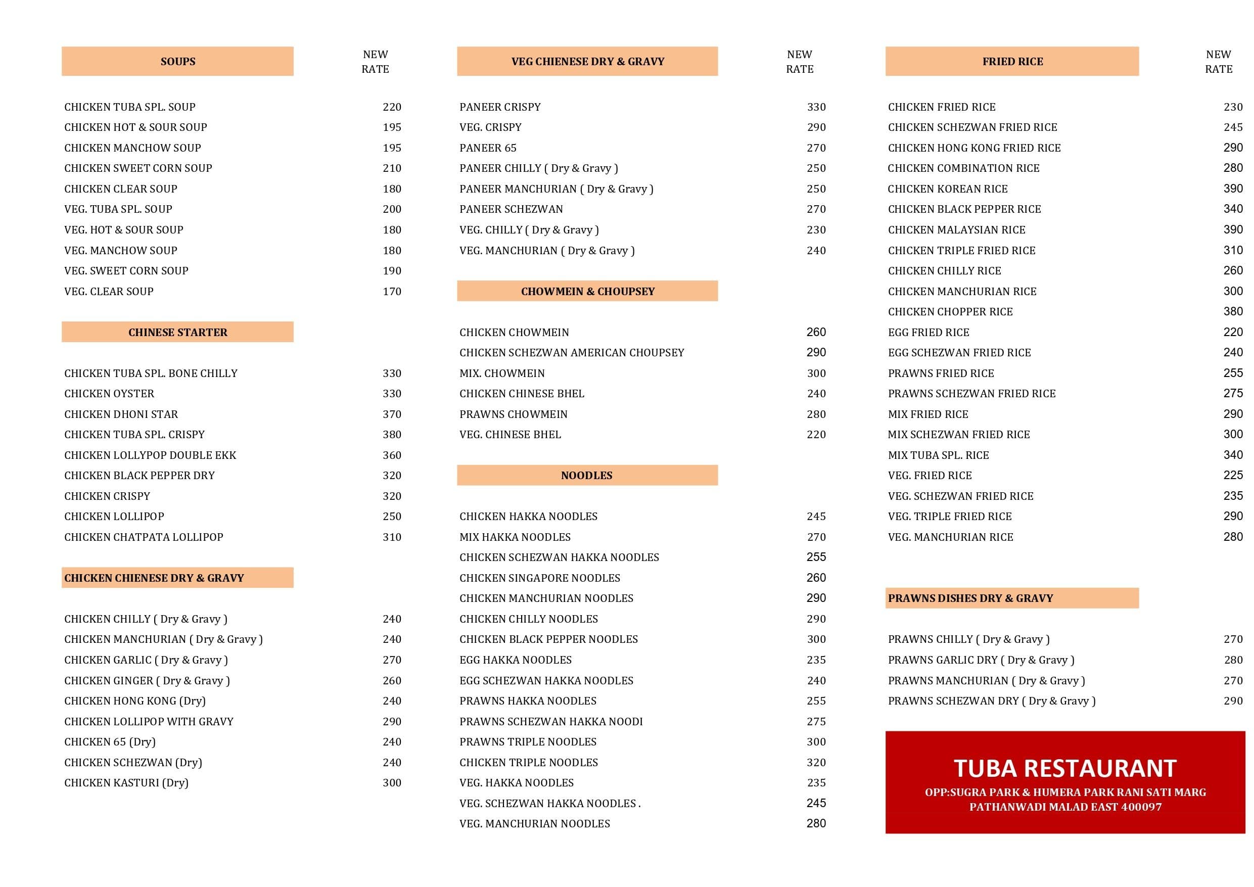 Menu of Tuba Restaurant, Malad East, Mumbai