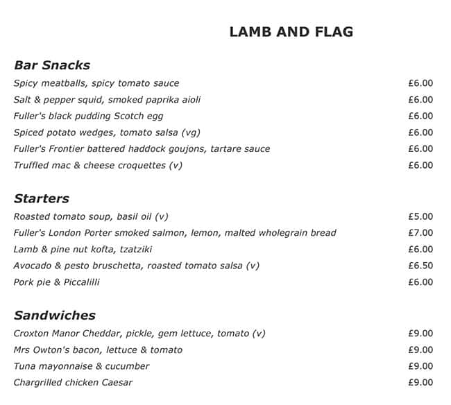 Menu at The Lamb and Flag pub & bar, London
