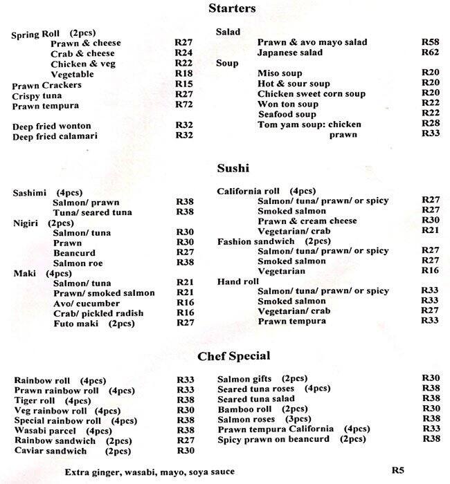 1890 House Sushi Menu, Menu for 1890 House Sushi, Observatory, Cape