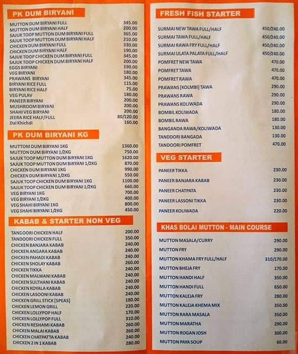 Menu of P K Biryani House, Kothrud, Pune
