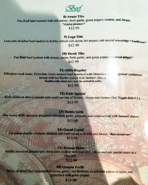 Sheba Ethiopian Restaurant menu