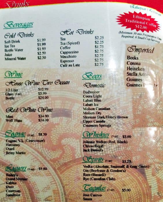 Sheba Ethiopian Restaurant menu