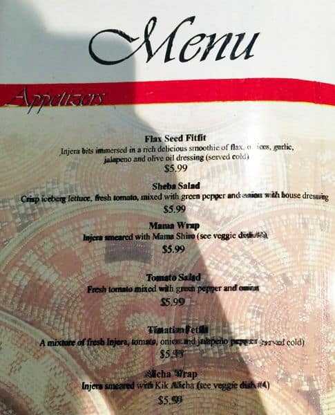 Sheba Ethiopian Restaurant menu
