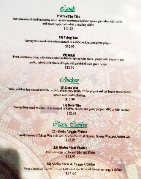 Sheba Ethiopian Restaurant menu