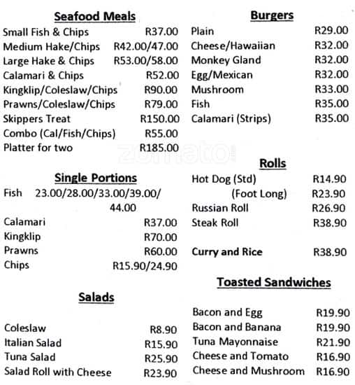 Menu at Trawlers restaurant, Jeffreys Bay