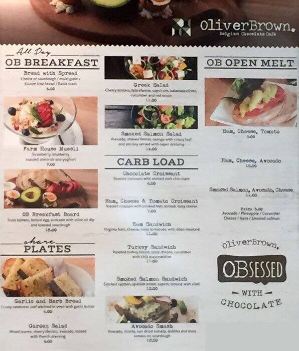 Menu at Oliver Brown cafe, Miranda