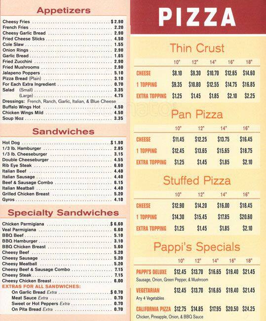 Menu at Pappi's Pizza pizzeria, Glenview