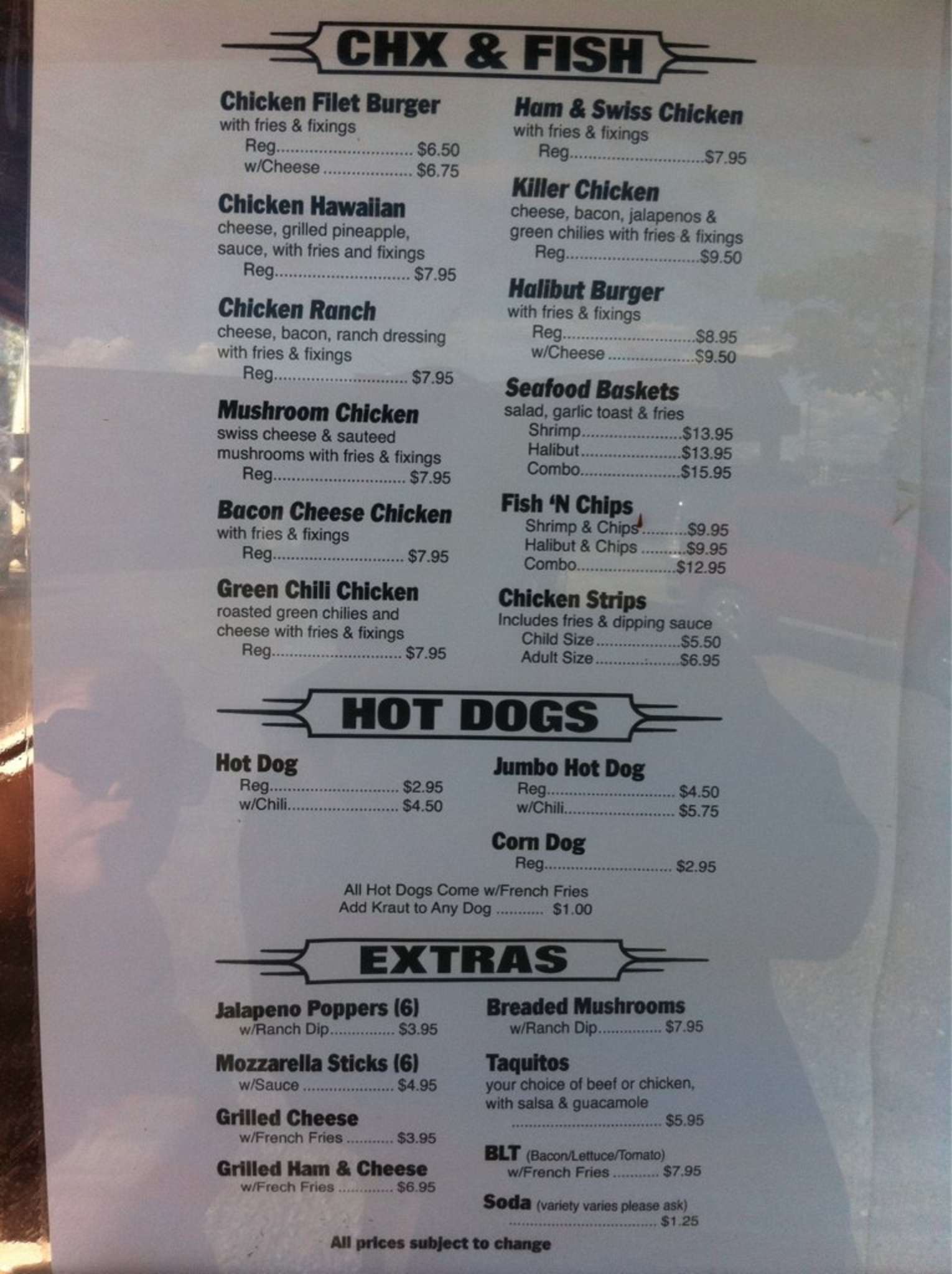 Menu at Burger Bus restaurant, Kenai