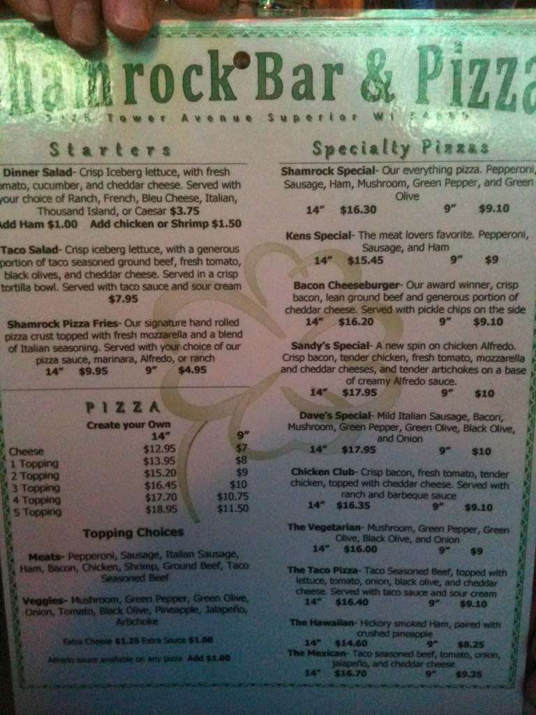 Shamrock Pizza Menu, Menu for Shamrock Pizza, Superior, South Range