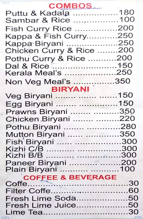 Kerala Cafe menu