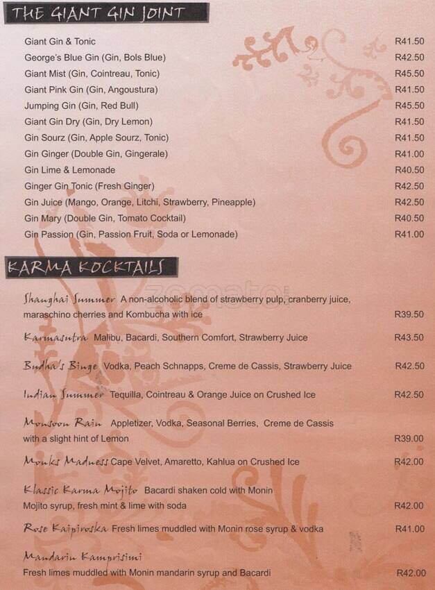 Menu at Karma restaurant, Johannesburg