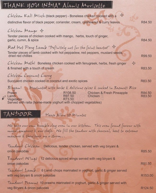 Menu at Karma restaurant, Johannesburg