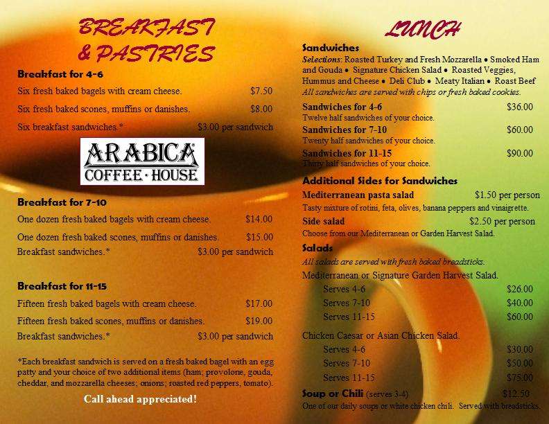 Menu at Arabica cafe, Wadsworth
