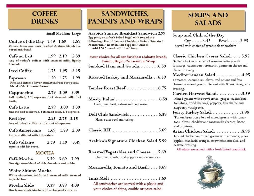 Menu at Arabica cafe, Wadsworth