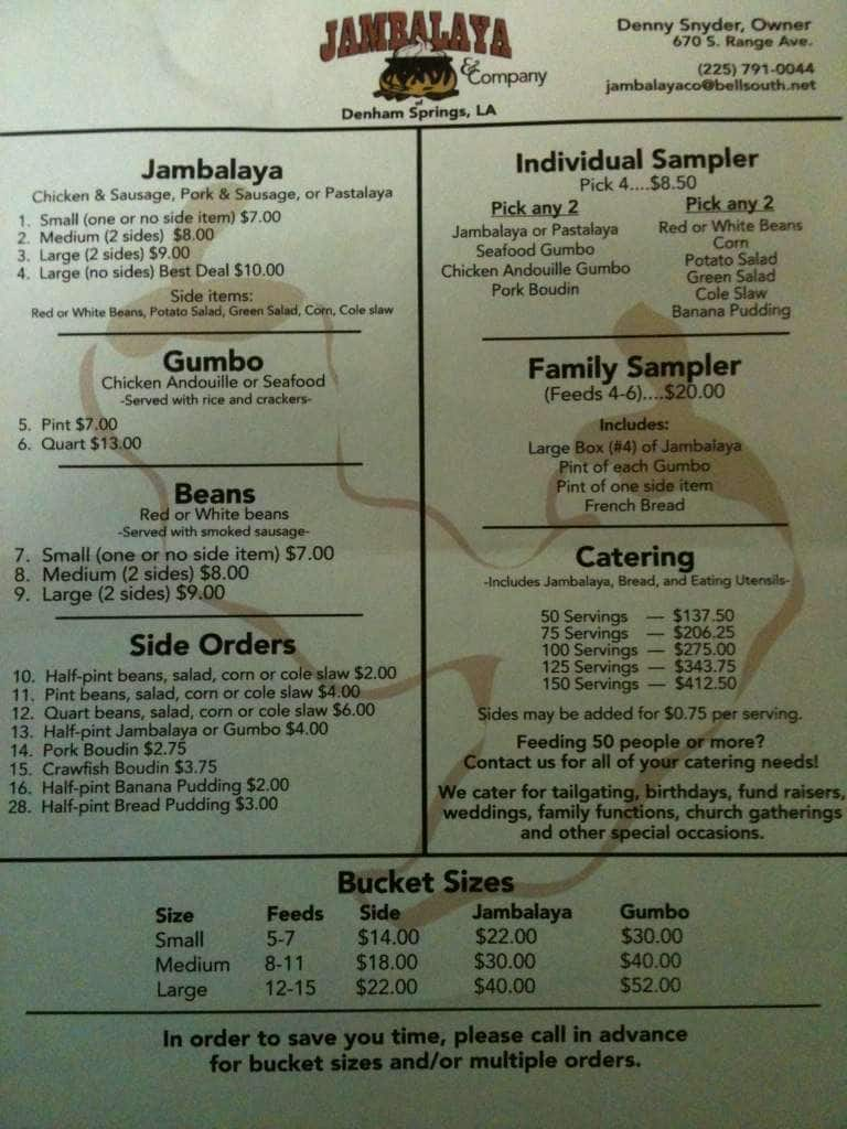 Jambalaya & Company Menu, Menu for Jambalaya & Company, Denham Springs