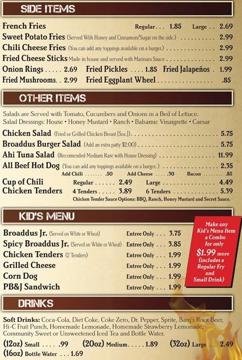 Menu at Broaddus Burger restaurant, Lafayette, 610 E Kaliste Saloom Rd