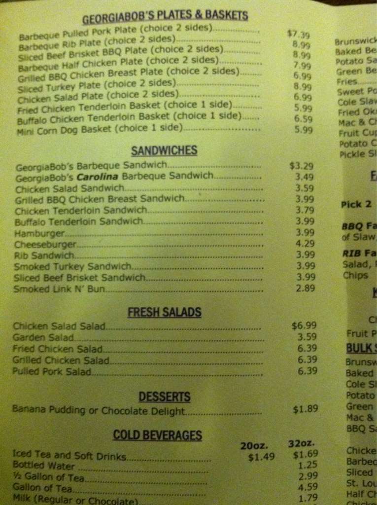 Bob's Menu, Menu for Bob's, Byron, Macon Urbanspoon