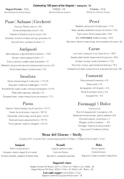 Menu at Cafe Murano Pastificio, London