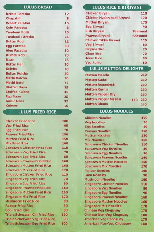 Lulu's Family Restaurant menu