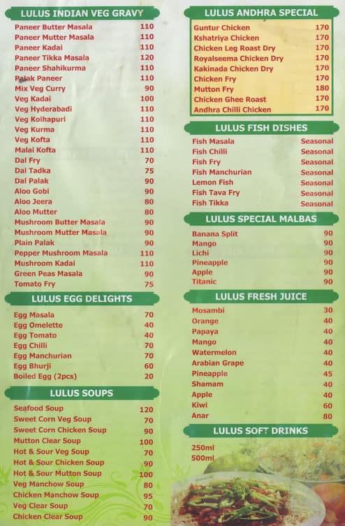 Lulu's Family Restaurant menu
