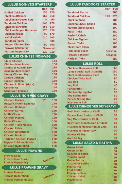 Lulu's Family Restaurant menu