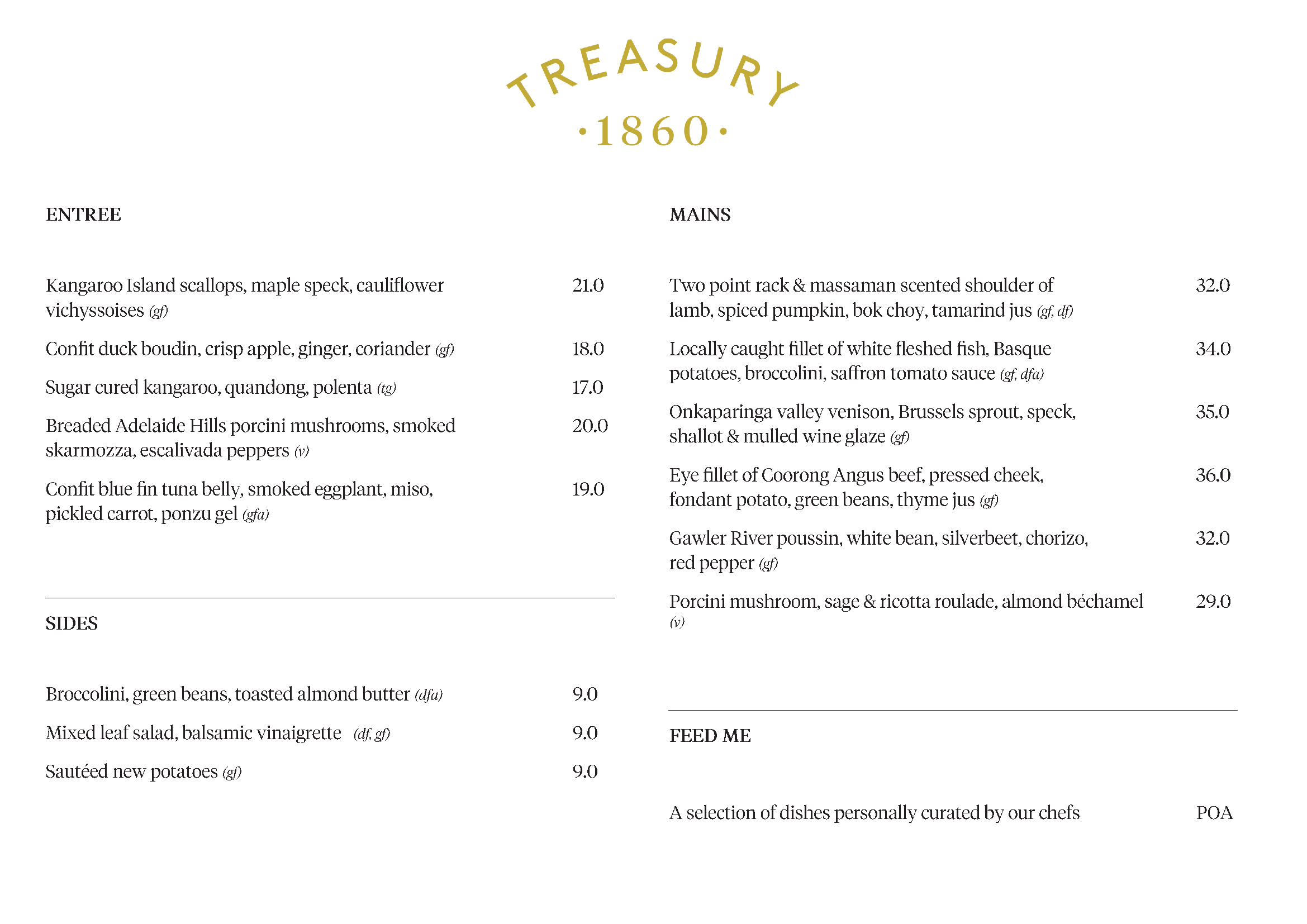 Menu at Treasury 1860 pub & bar, Adelaide
