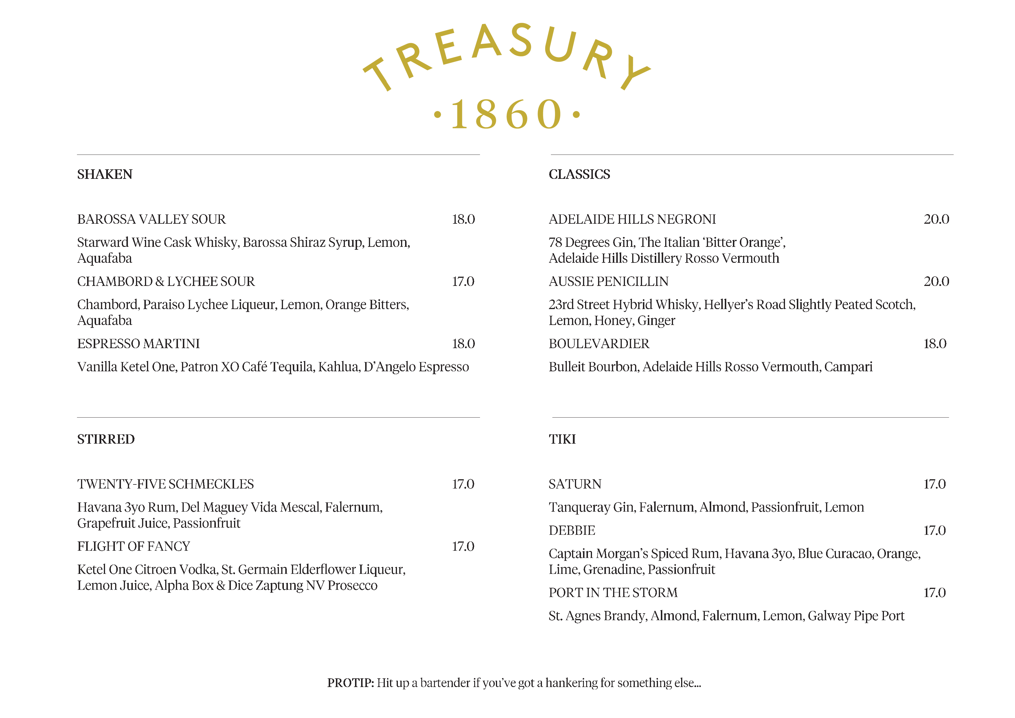 Menu at Treasury 1860 pub & bar, Adelaide