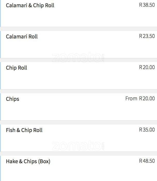 Menu at Plumstead Fisheries restaurant, Cape Town