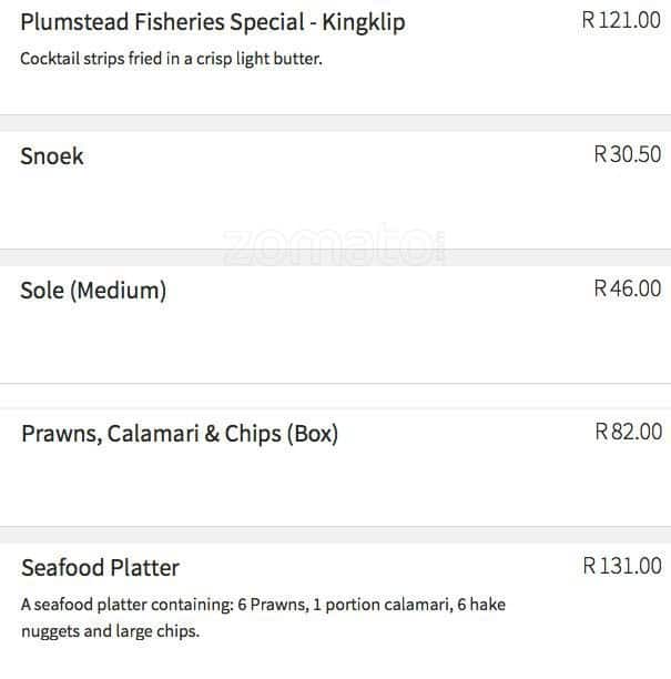 Menu at Plumstead Fisheries restaurant, Cape Town