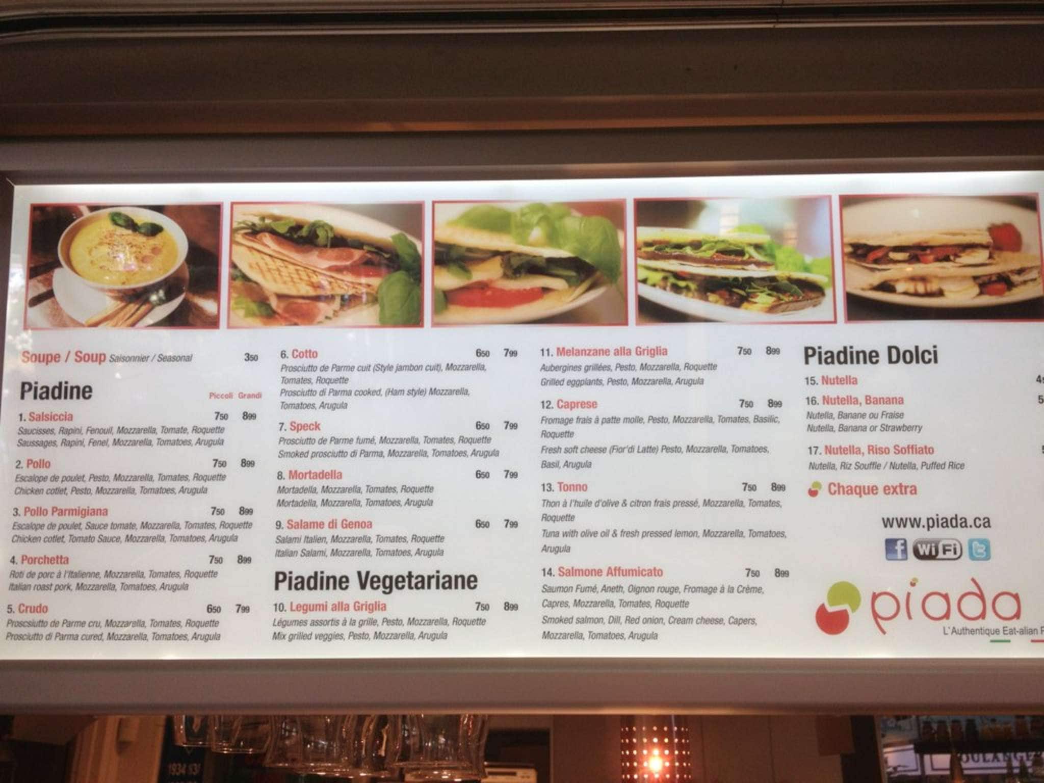 Menu au Caffè Piada restaurant, BaieSaintPaul