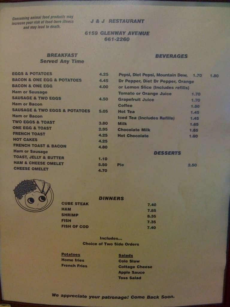 Menu at J & J Restaurant, Cincinnati