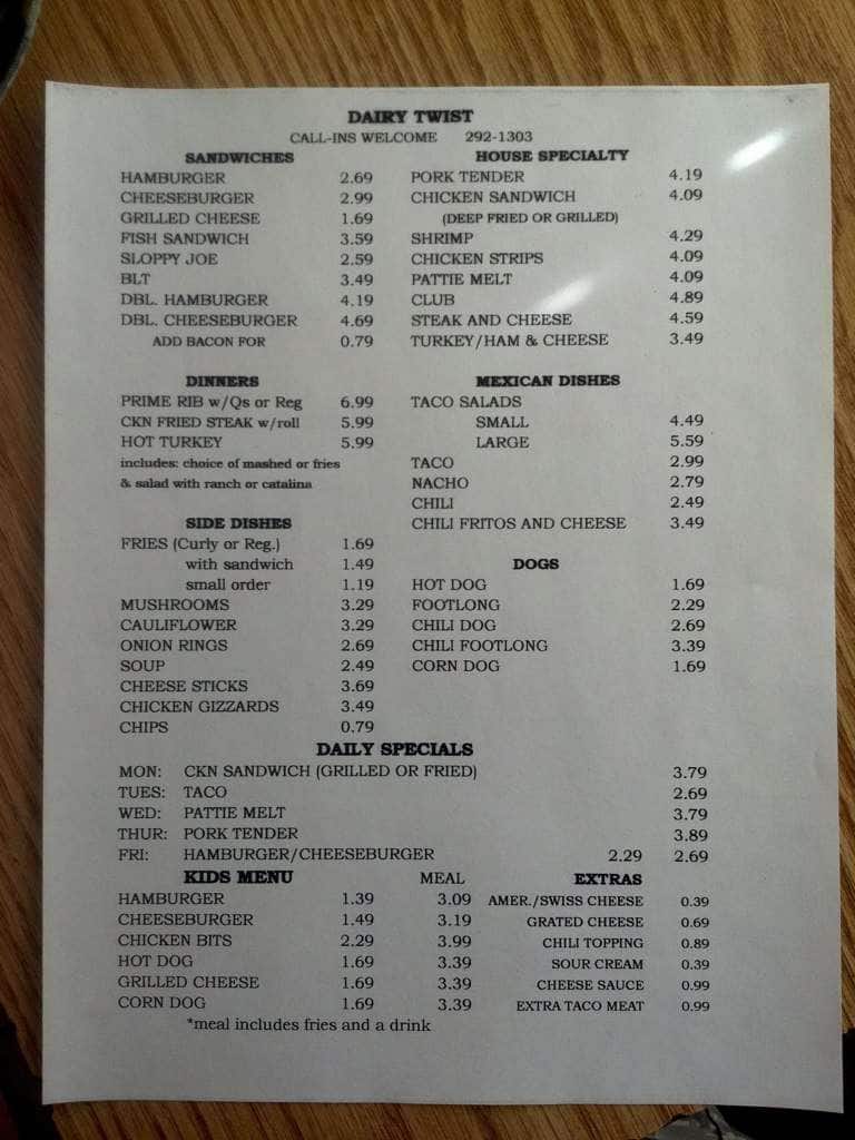 Menu at Dairy Twist restaurant, Bellevue, Lincoln Rd