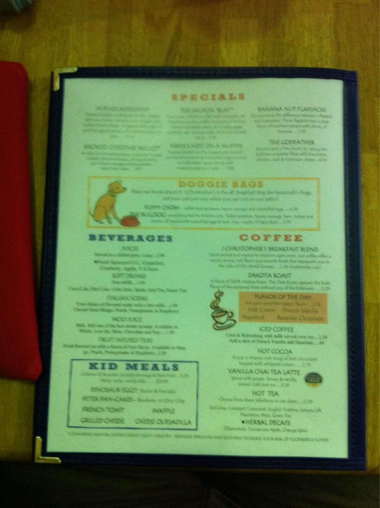 J. Christopher's menu, Menu restauracji J. Christopher's, Savannah