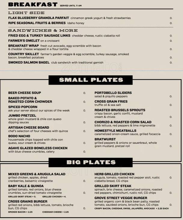 Cross Grain Brewhouse Menu, Menu for Cross Grain Brewhouse, Suburban