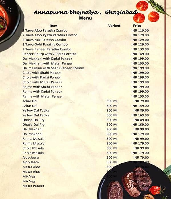 Menu of Annapurna Bhojnalya, Ashok Vihar Phase 2, New Delhi