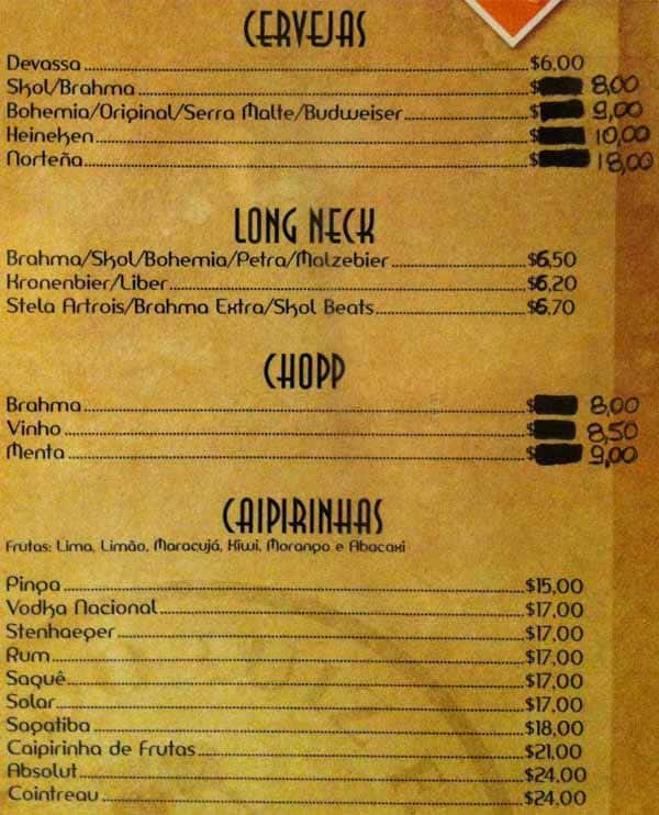 Bar do Luiz F. Menu, Menu de Bar do Luiz F., Santana, São Paulo