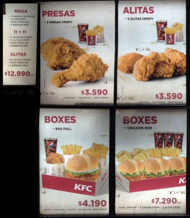 Kentucky Fried Chicken Menu,Menú para Kentucky Fried Chicken, Santiago