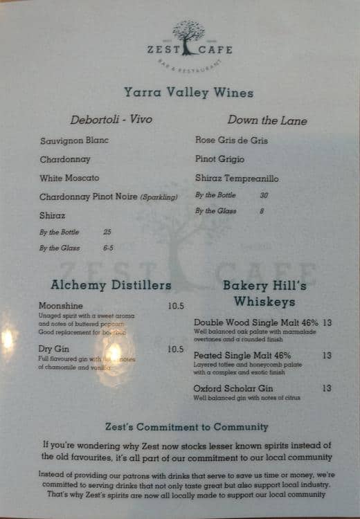 Menu at Zest restaurant, Emerald