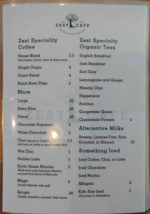 Menu at Zest restaurant, Emerald