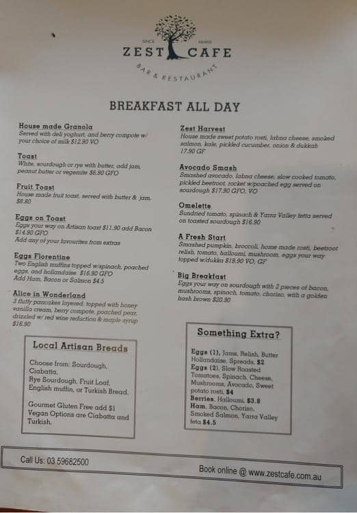 Menu at Zest restaurant, Emerald