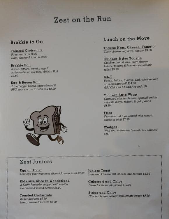 Menu at Zest restaurant, Emerald