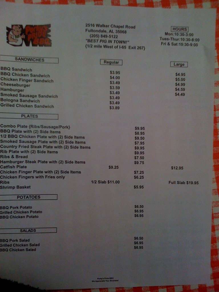 Porkys Pride Smoke House Menu, Menu for Porkys Pride Smoke House