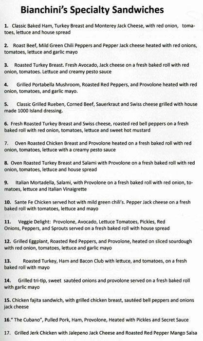 Bianchini's menu